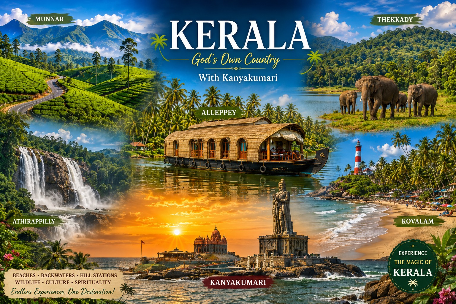 Kerala with Kanyakumari – Munnar – Thekkady – Alleppey – Kovalam – Kanyakumari